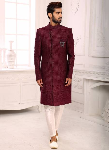 Wine Colour Party Wear Jacquard Nawabi Indo Western Collection 1119
